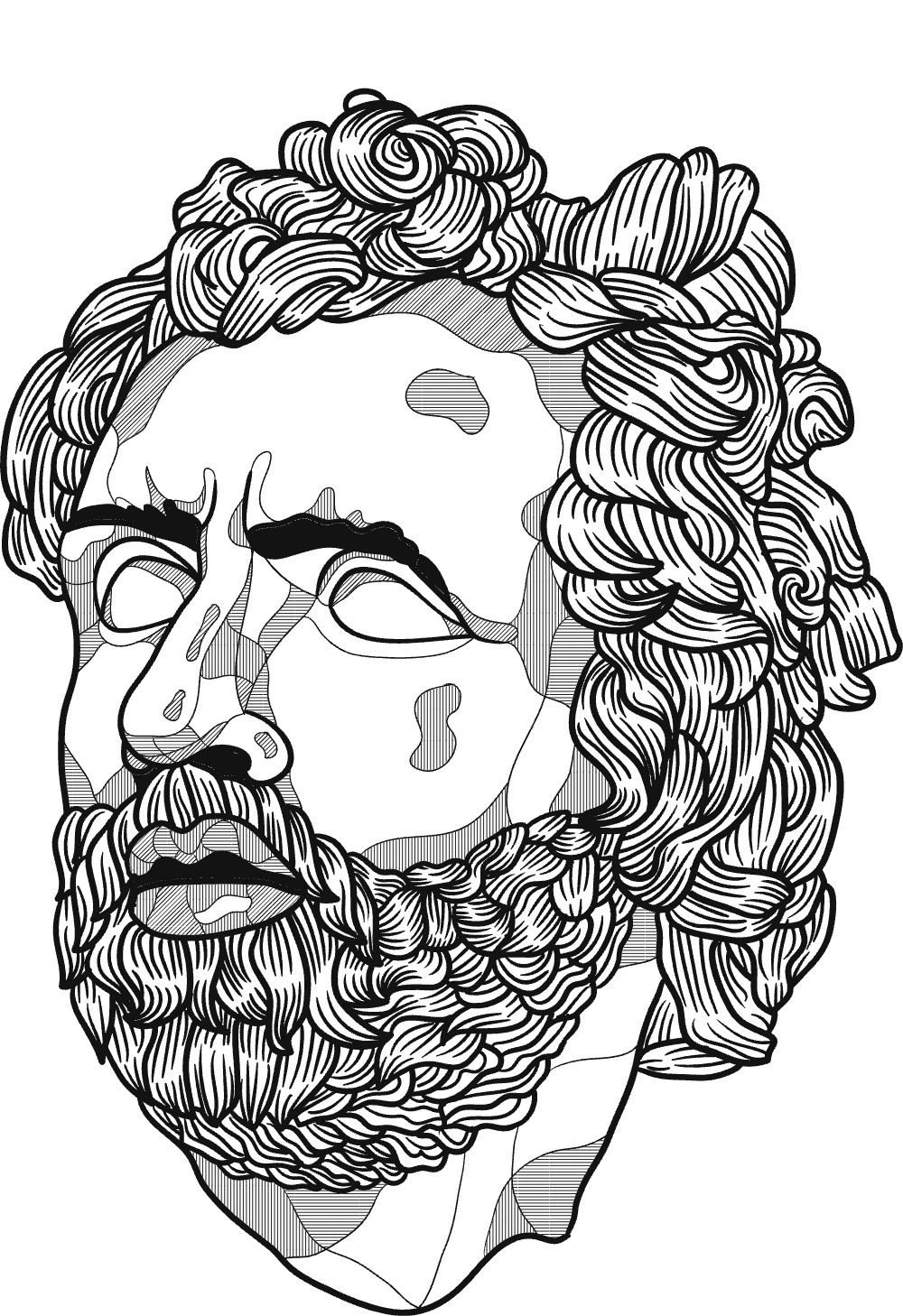 Line illustration of a Greek statue head, The Brand Odyssey