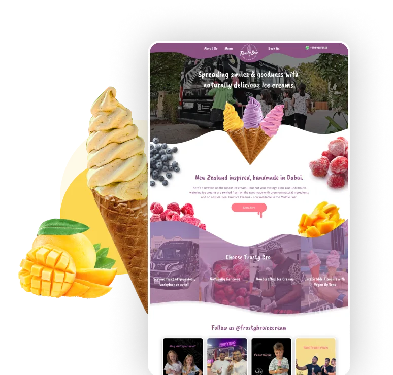 Frosty Bro website mobile view with ice cream illustrations