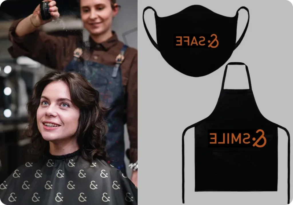Mirror & Mime branded apron with stylist portrait